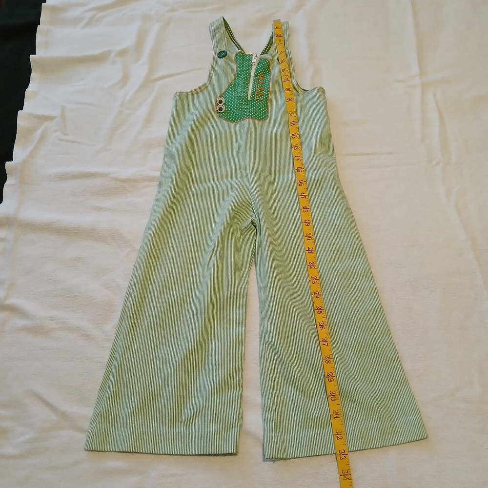 Vintage Green Kids Overalls Size 4T Alligator Zipper Teeth Pinstriped Button - Picture 5 of 8